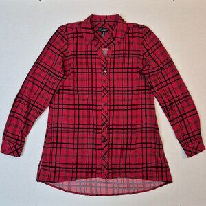 Susan Graver Plaid Tunic Shirt Hi Low Red & Black Peach Skin 2XS Side Pockets